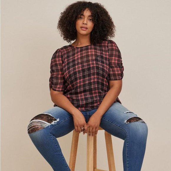 Torrid - Chiffon Lurex Ruched Sleeve Blouse in Plaid Red & Black - Picture 11 of 14